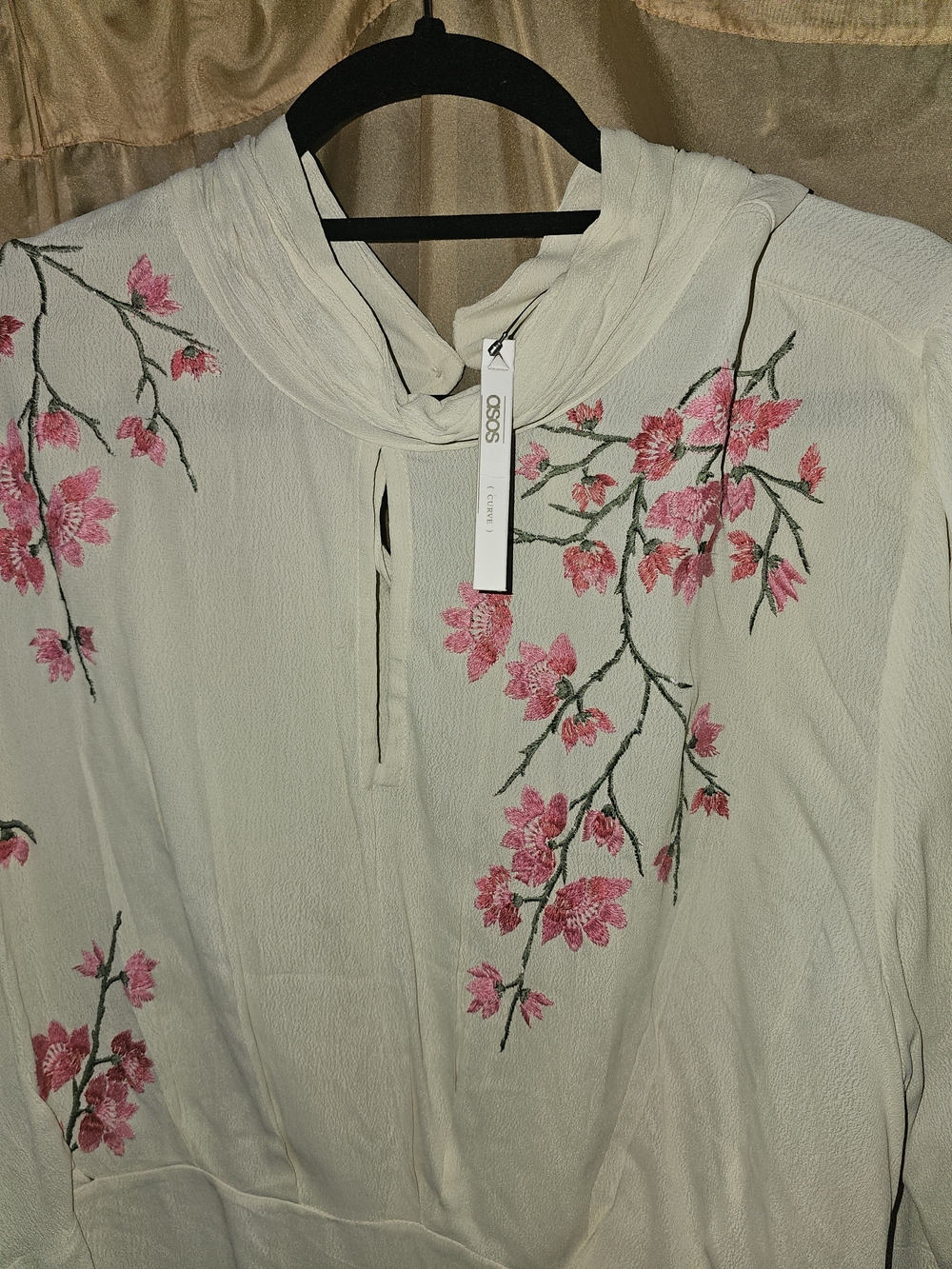 ASOS Cream Blouse with Pink Floral Embroidery and Green Stems